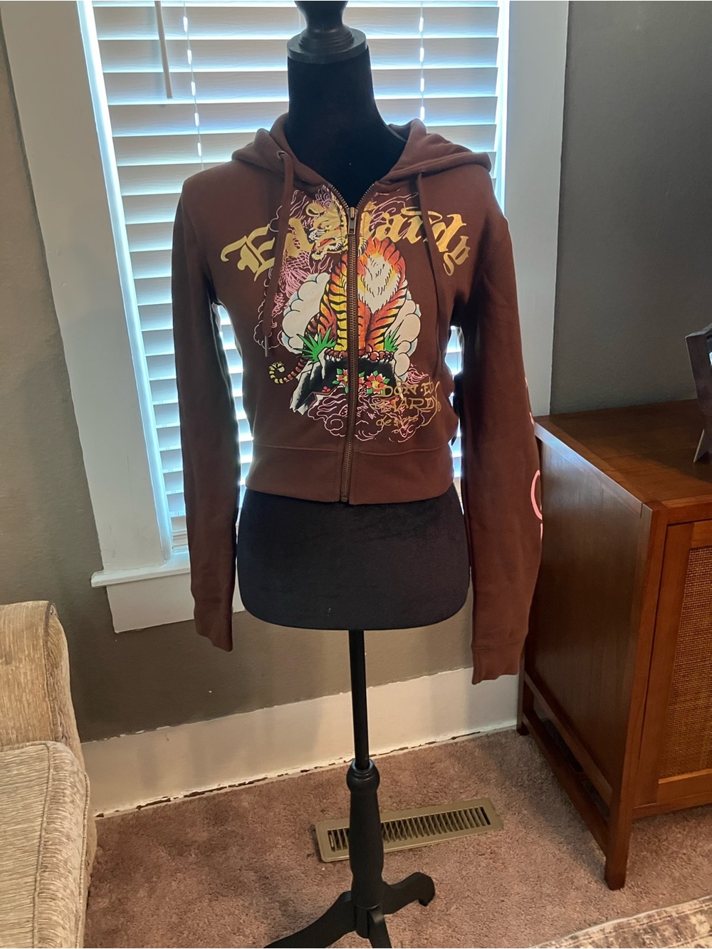 Ed Hardy Brown Hoodie all over print  brown y2k streetwear
